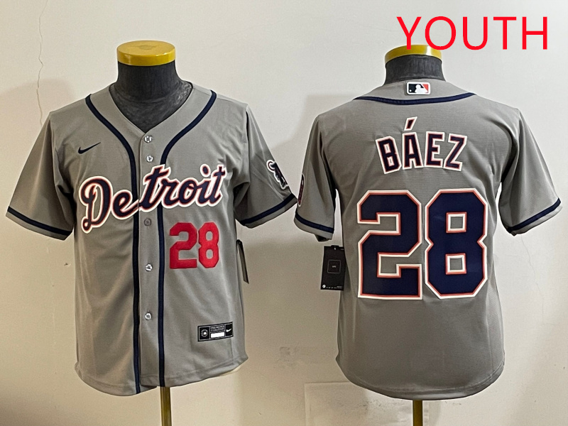 Youth 2025 Detroit Tigers #28 Baez grey Nike MLB jersey style 2->youth mlb jersey->Youth Jersey